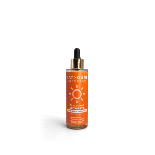 Olio glitterato illuminante viso e corpo post abbronzatura